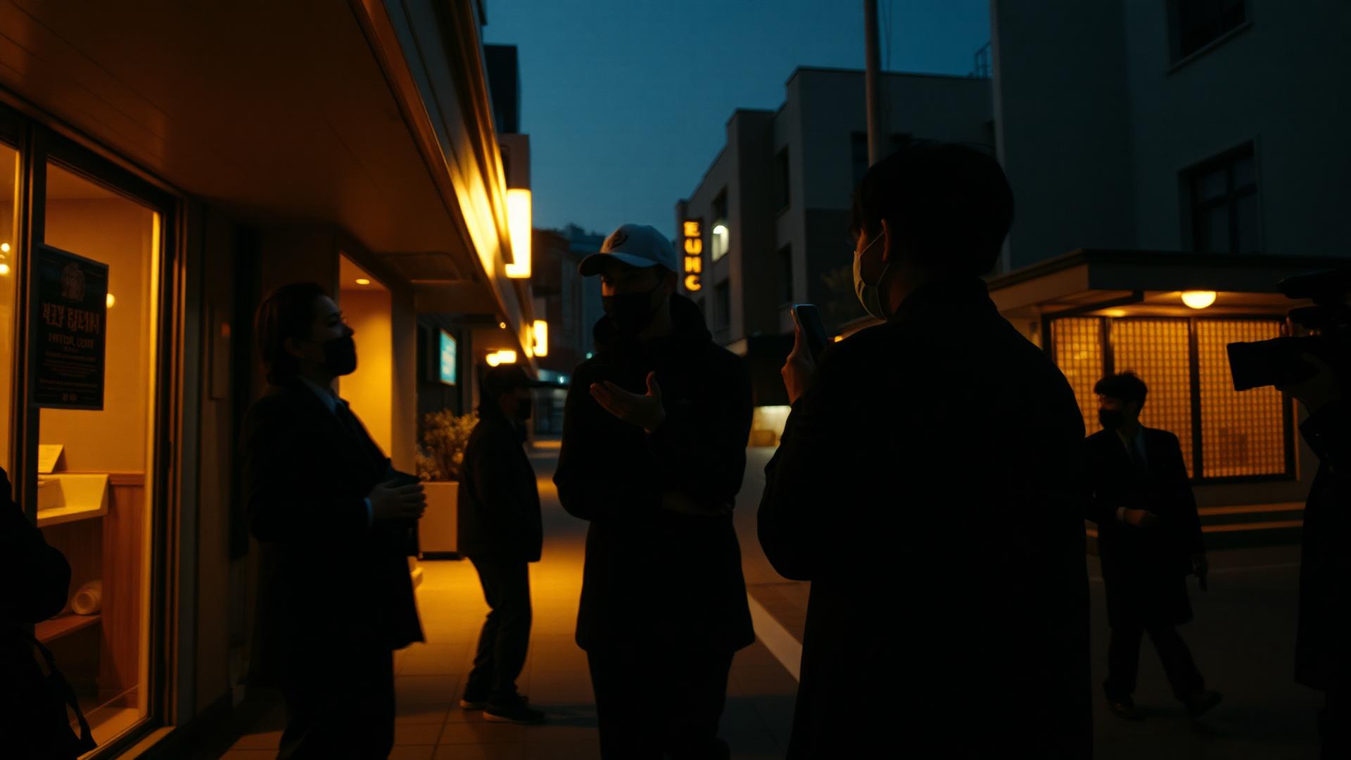 Evening commercial production in Seoul viewed from behind the working crew