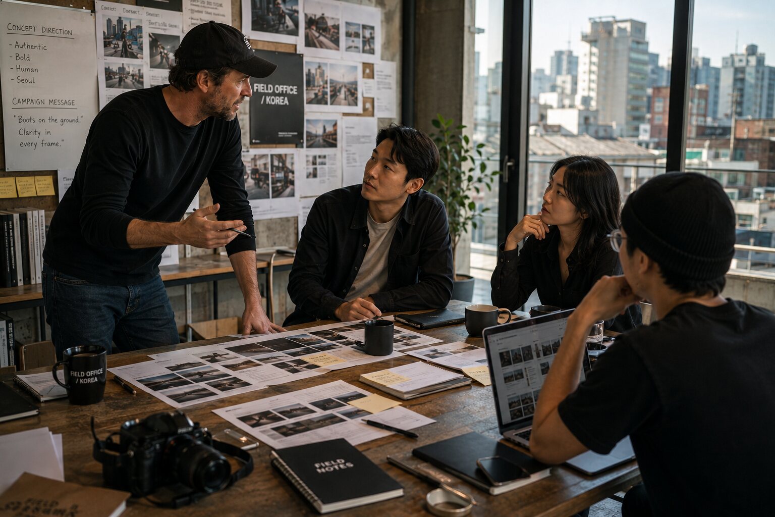 Creative team reviewing storyboards and production references in a Seoul studio
