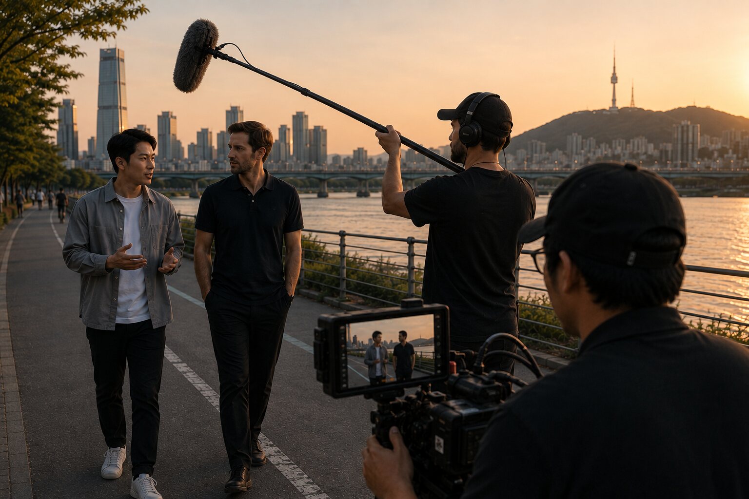 Location sound recordist booming two contributors during a riverside film shoot in Seoul